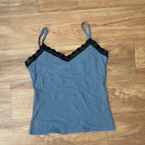 90’s Vintage Bebe Moda Gray Nylon Black Lace Trim Camisole Large